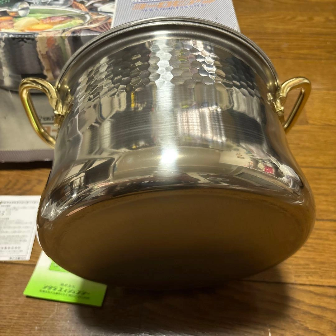 【未使用】杉山金属 22cm 深型煮込み鍋 ガラス蓋・お玉付(訳あり長期保管)の写真2枚目