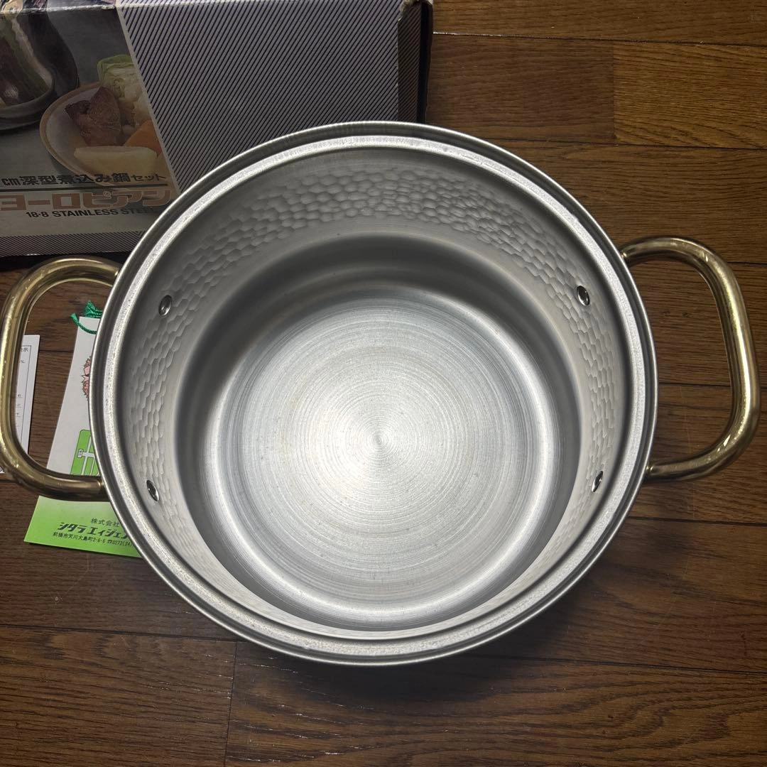 【未使用】杉山金属 22cm 深型煮込み鍋 ガラス蓋・お玉付(訳あり長期保管)の写真3枚目