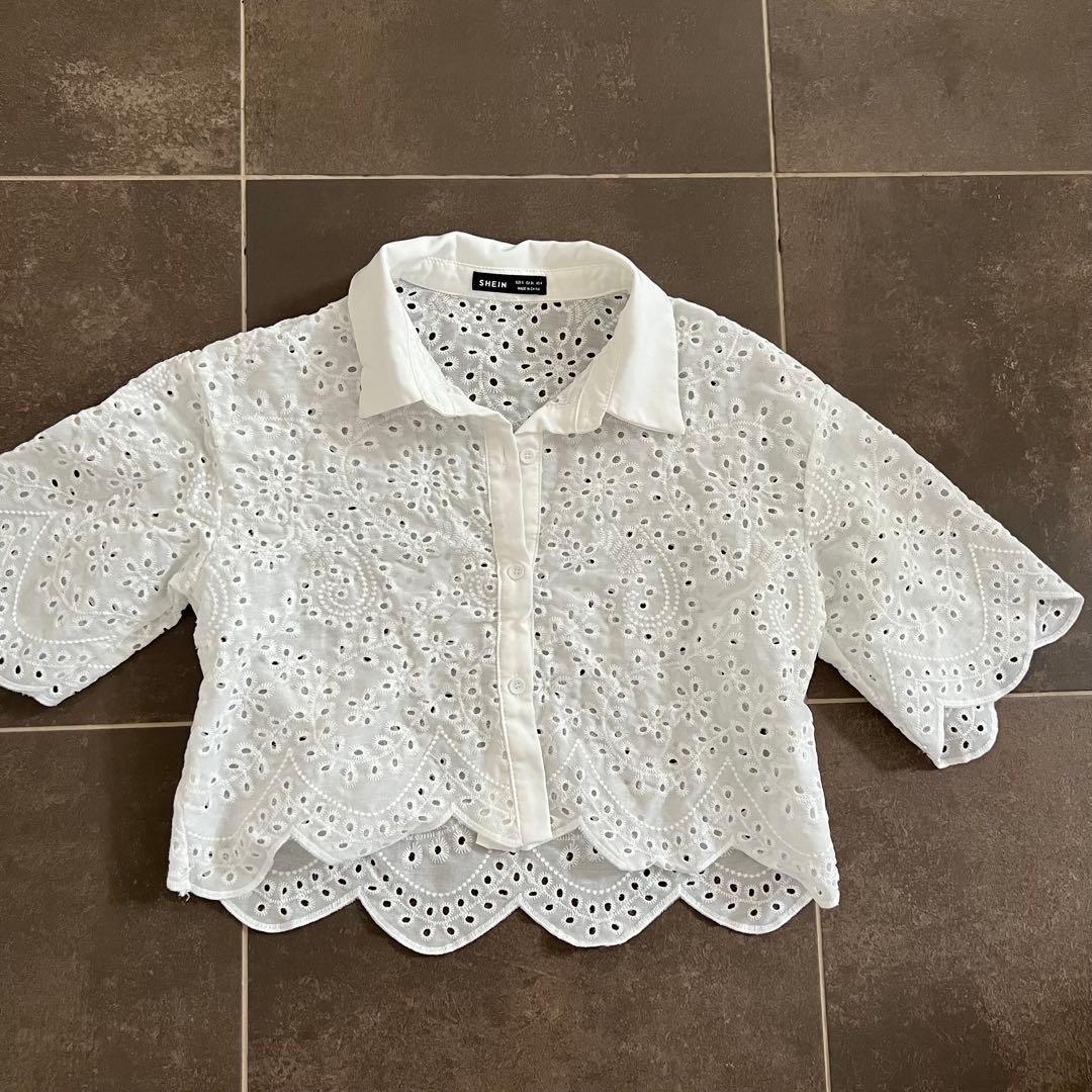 SHEIN COEURVA アイレット刺繍 半袖シャツ ホワイトの写真4枚目
