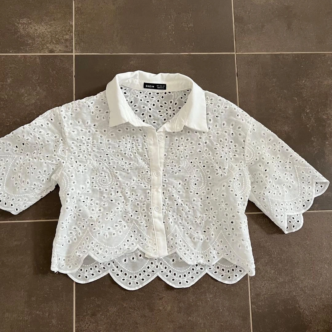 SHEIN COEURVA アイレット刺繍 半袖シャツ ホワイトの写真4枚目