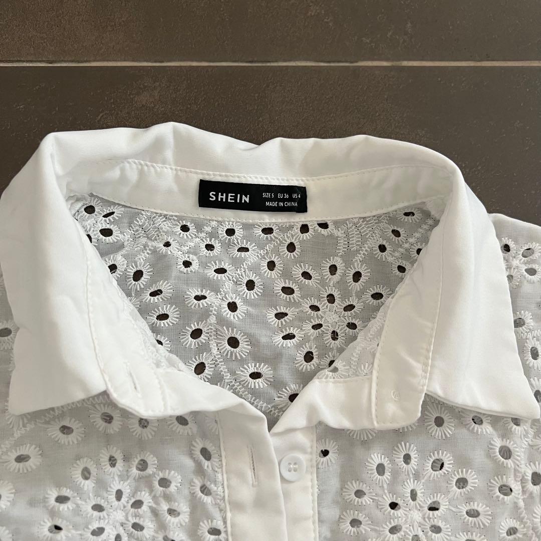SHEIN COEURVA アイレット刺繍 半袖シャツ ホワイトの写真5枚目