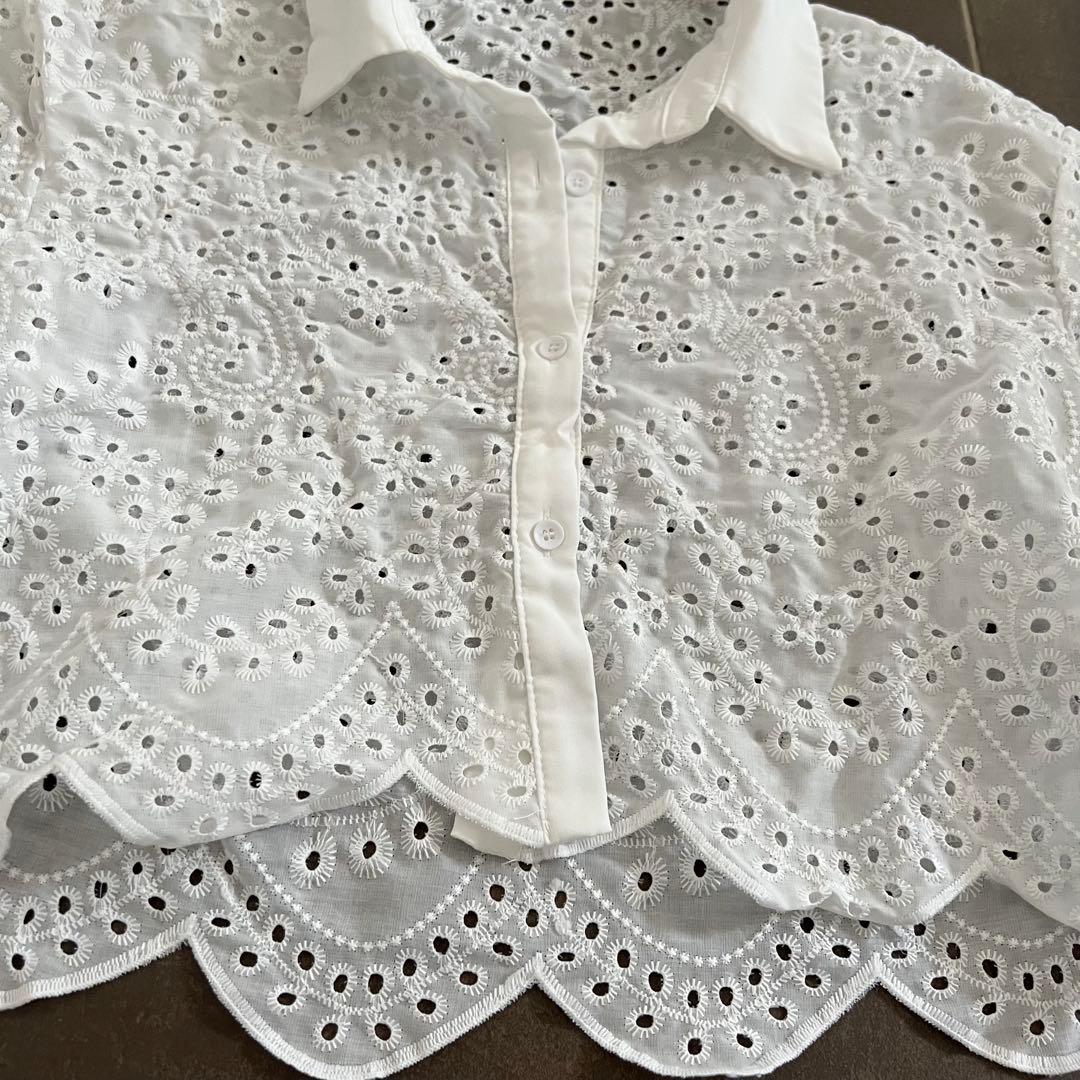 SHEIN COEURVA アイレット刺繍 半袖シャツ ホワイトの写真8枚目