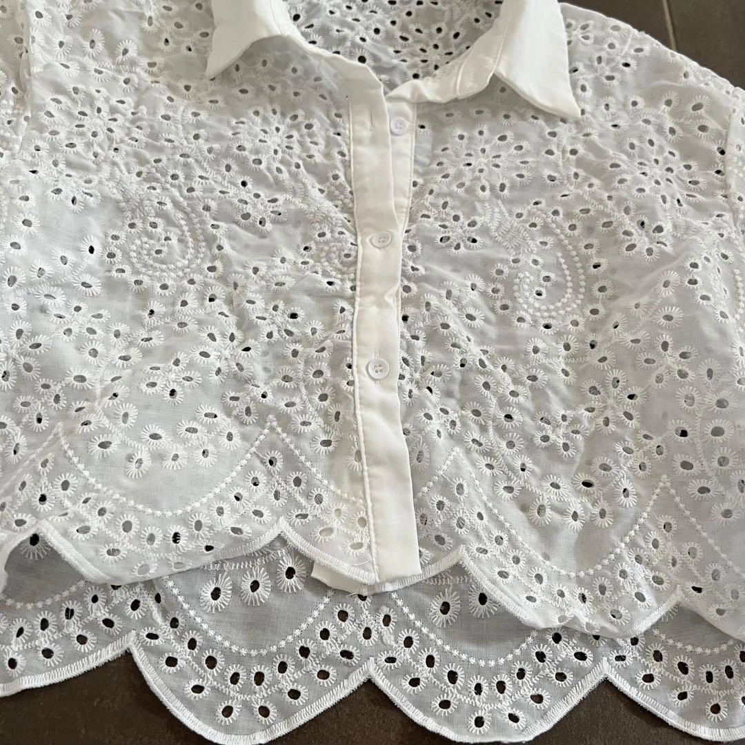 SHEIN COEURVA アイレット刺繍 半袖シャツ ホワイトの写真8枚目