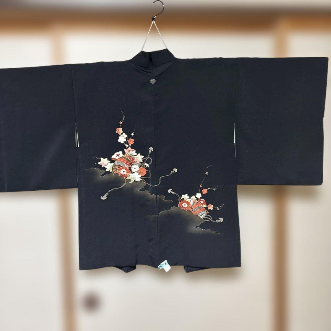 黒絵羽織 一つ紋 花柄 昭和レトロ 着物羽織 リメイク素材 クリーニング済