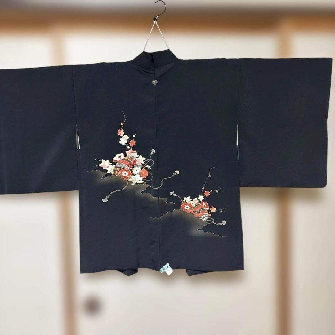 黒絵羽織 一つ紋 花柄 昭和レトロ 着物羽織 リメイク素材 クリーニング済