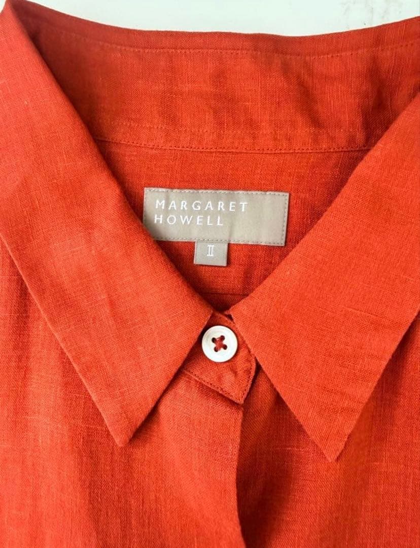 【クリーニング済、美品】MARGARET HOWELL リネン 半袖シャツ 朱色の写真2枚目
