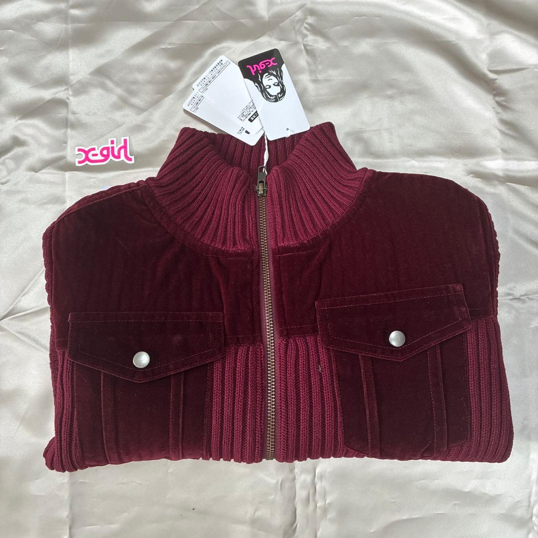 新品タグ付 X-girl VELOUR ZIP UP TOP バーガンディ Mの写真5枚目