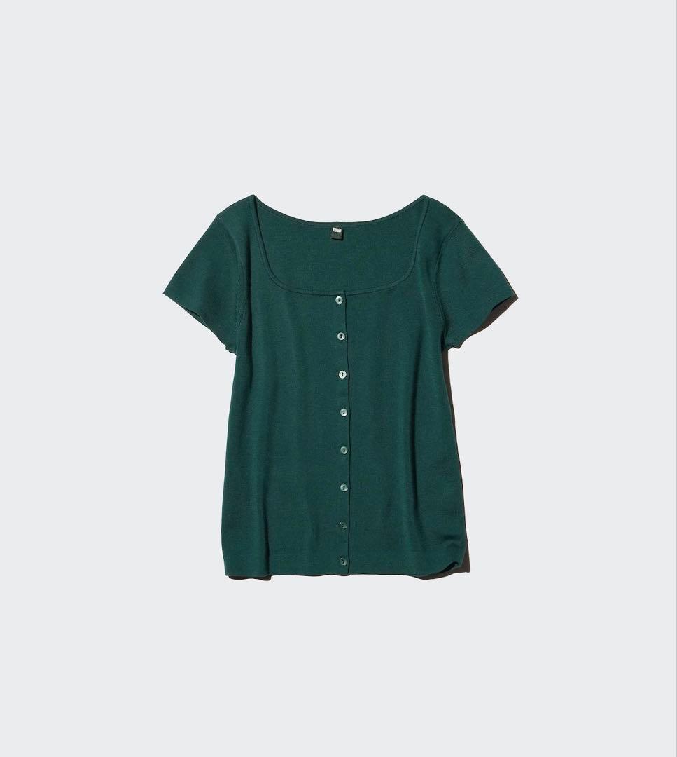 UNIQLO ラウンドネックカーディガン 半袖 深緑 XL