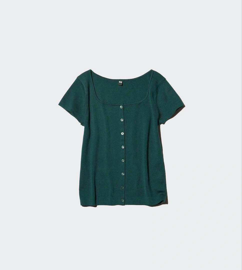 UNIQLO ラウンドネックカーディガン 半袖 深緑 XL