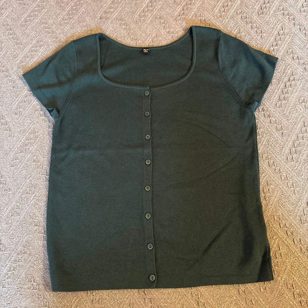 UNIQLO ラウンドネックカーディガン 半袖 深緑 XLの写真2枚目