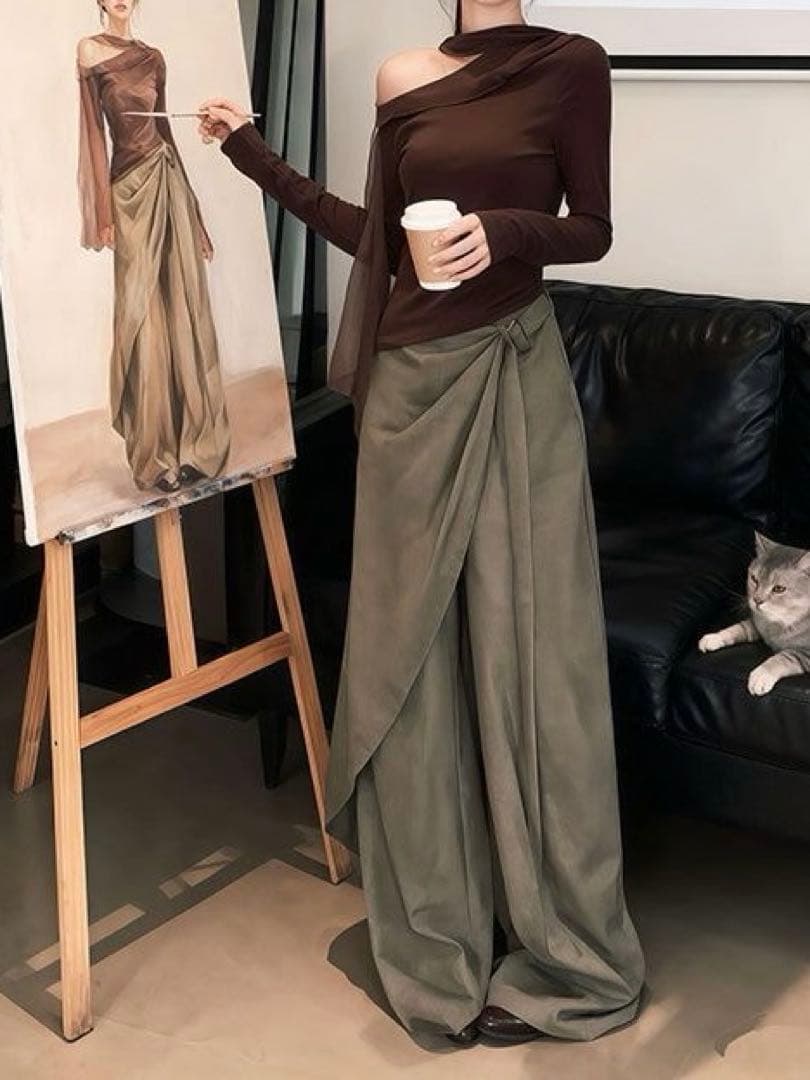 新品ラップ風 ワイドパンツ カーキの写真2枚目