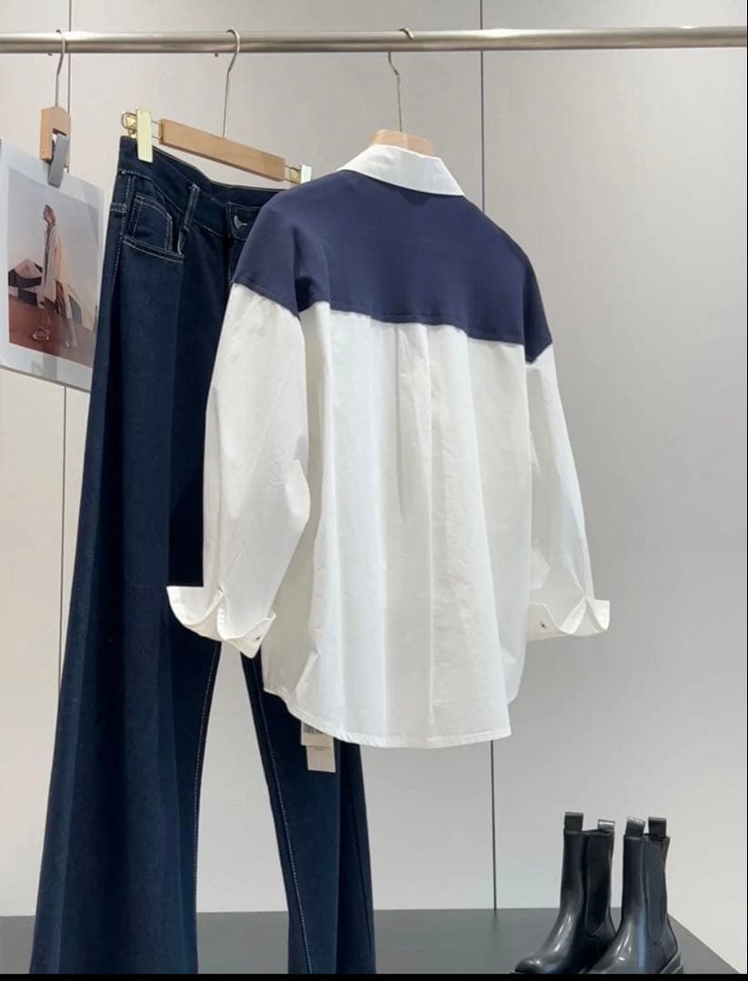 新品バイカラー 長袖シャツ ホワイト×ネイビー