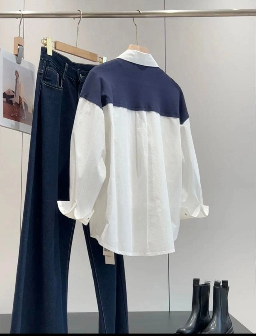 新品バイカラー 長袖シャツ ホワイト×ネイビー