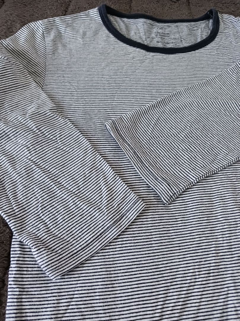 Tシャツ、五分袖、綿100%、細いボーダー、紺の写真3枚目