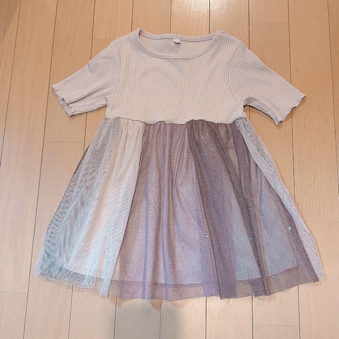 女の子 半袖 トップス チュールラメ入り ベージュ パープル チュニック 100