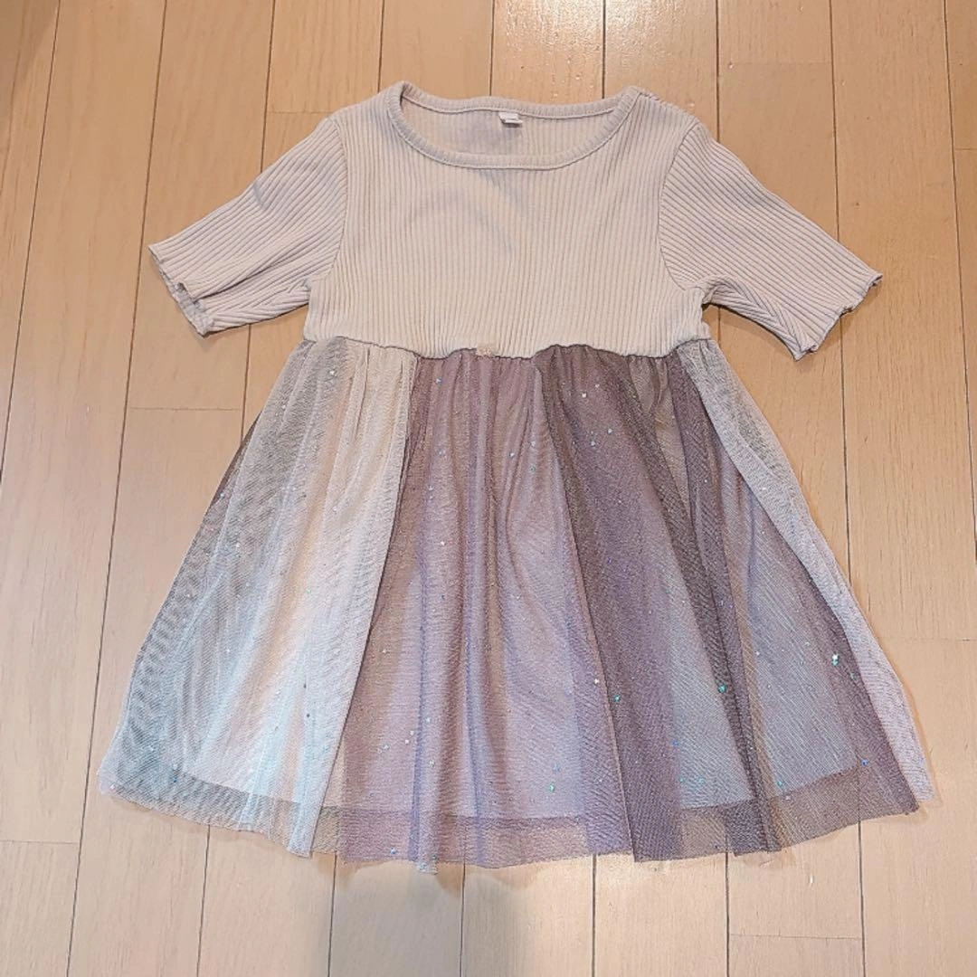 女の子 半袖 トップス チュールラメ入り ベージュ パープル チュニック 100