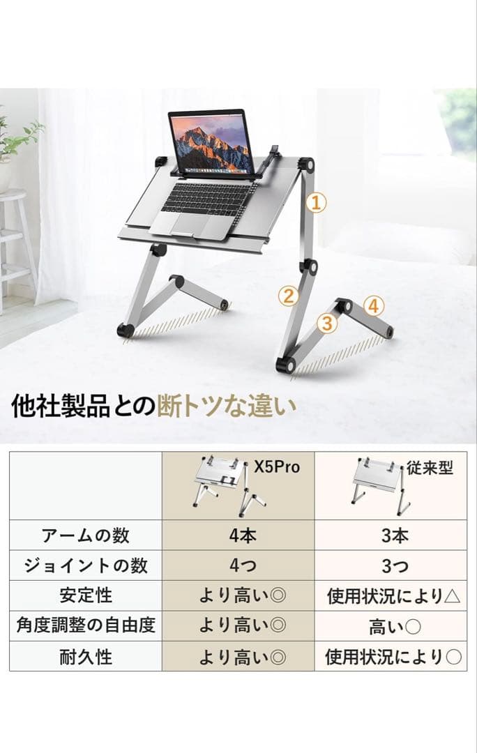 寝ながらパソコンデスク 角度調整可能 折り畳みテーブル 【Ｘ５ＰＲＯ】 シルバーの写真7枚目