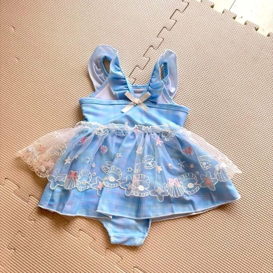 ベビー水着 女の子 チェック柄 チュール シェル柄90cm可愛の写真2枚目