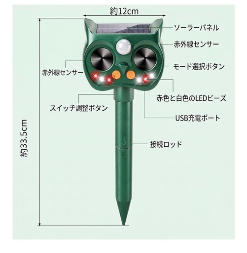 2026最新版 超音波ソーラー動物撃退器 猫よけ 鳥よけ PIR人感センサー 5モード IP65防水の写真2枚目