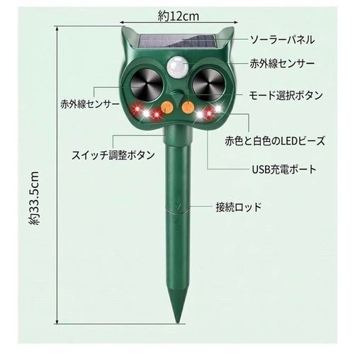 2026最新版 超音波ソーラー動物撃退器 猫よけ 鳥よけ PIR人感センサー 5モード IP65防水の写真2枚目
