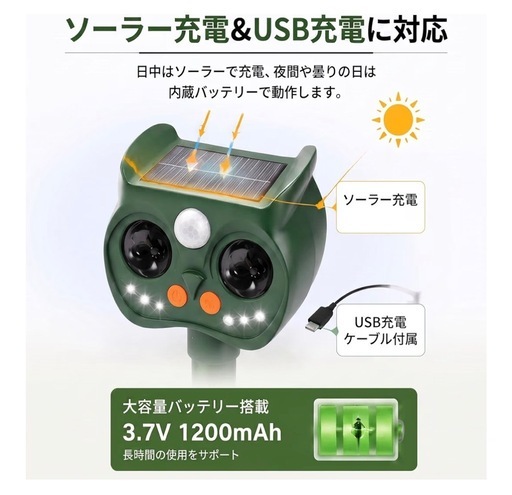 2026最新版 超音波ソーラー動物撃退器 猫よけ 鳥よけ PIR人感センサー 5モード IP65防水の写真4枚目