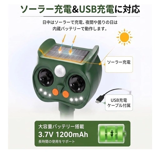 2026最新版 超音波ソーラー動物撃退器 猫よけ 鳥よけ PIR人感センサー 5モード IP65防水の写真4枚目