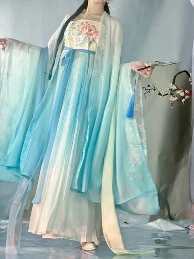 漢服 中国伝統衣装 刺繍牡丹 グラデーション 青緑 撮影衣装 イベント コスプレの写真2枚目