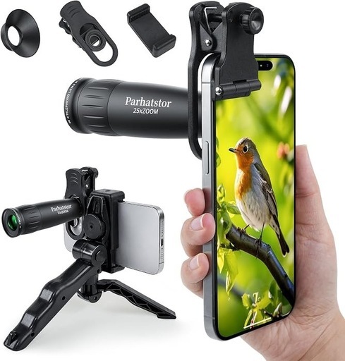スマホ望遠レンズ 単眼鏡 25倍 三脚・クリップ付 iPhone/Android対応