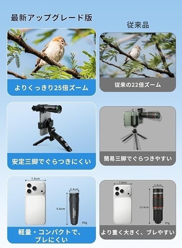 スマホ望遠レンズ 単眼鏡 25倍 三脚・クリップ付 iPhone/Android対応の写真2枚目