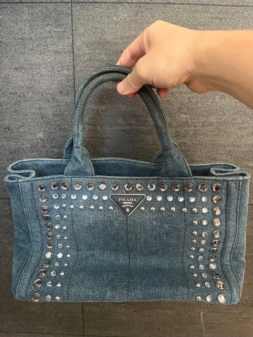 PRADA デニム カナパ バッグ ビジュー スタッズ ショルダー付