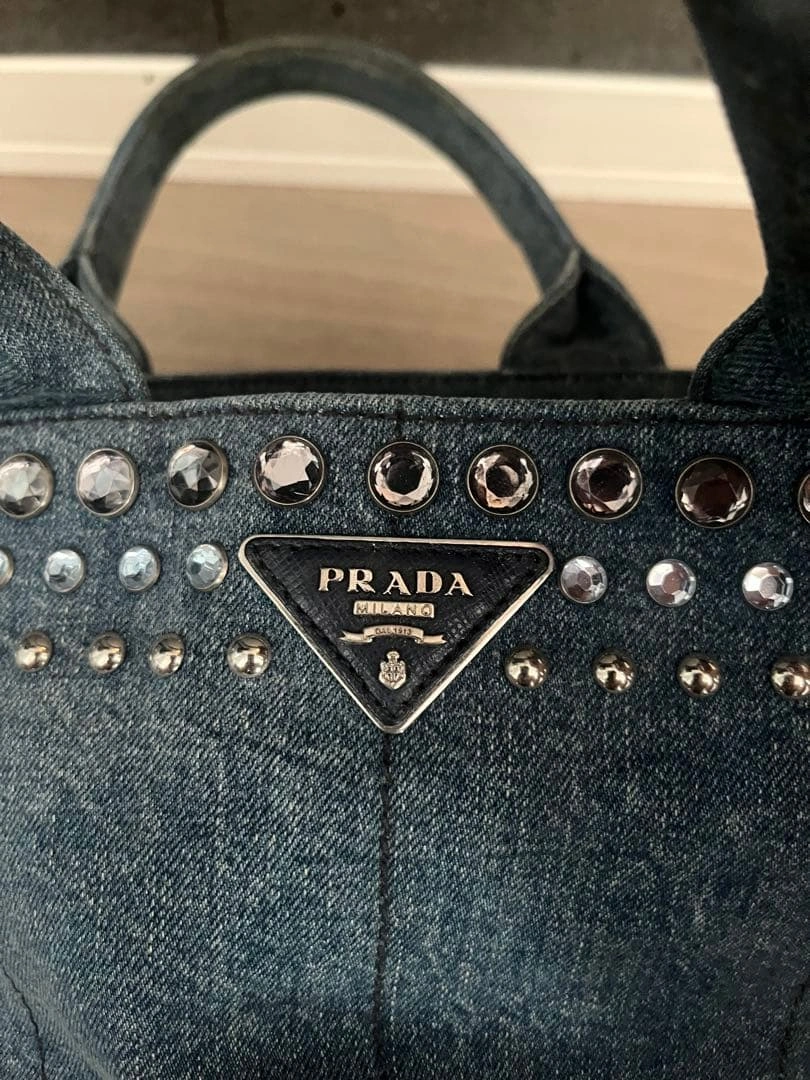 PRADA デニム カナパ バッグ ビジュー スタッズ ショルダー付の写真4枚目