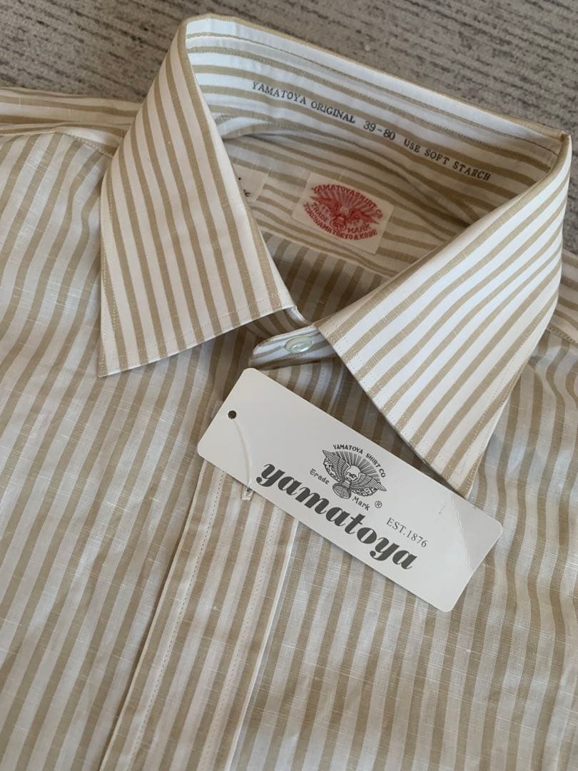 新品タグ付　大和屋シャツ店　綿麻　ストライプシャツ　39-80