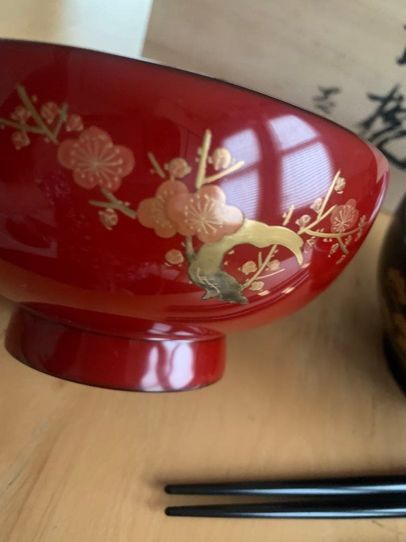 未使用 輪島塗 蒔絵 夫婦椀 夫婦箸 セット 西久保田漆器店の写真2枚目