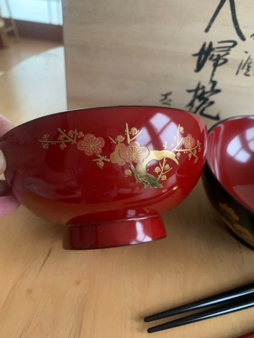 未使用 輪島塗 蒔絵 夫婦椀 夫婦箸 セット 西久保田漆器店の写真3枚目