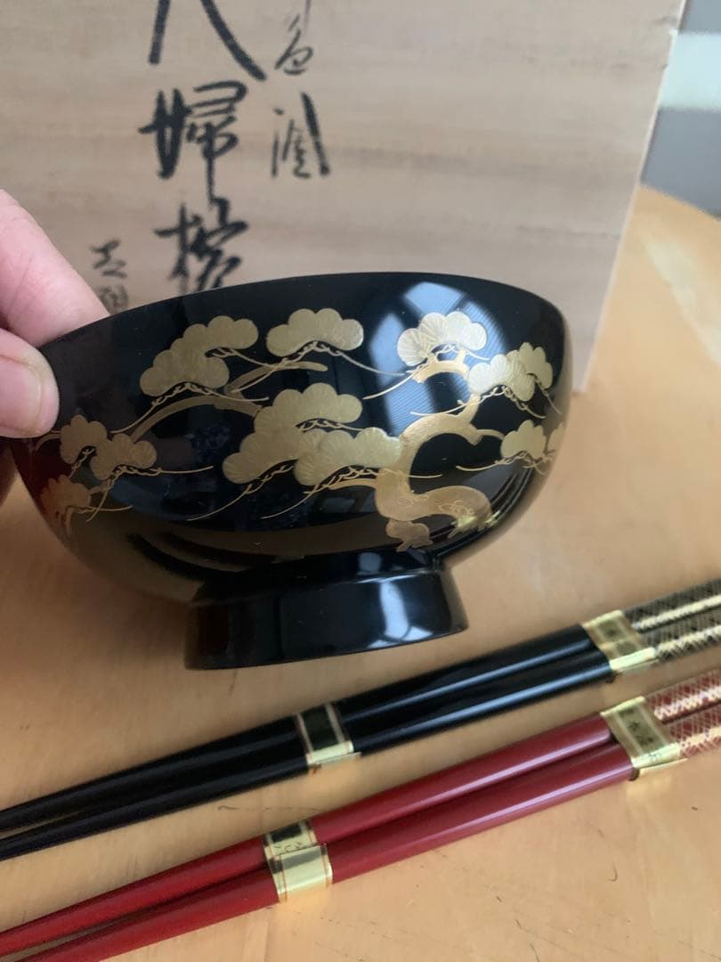 未使用 輪島塗 蒔絵 夫婦椀 夫婦箸 セット 西久保田漆器店の写真5枚目