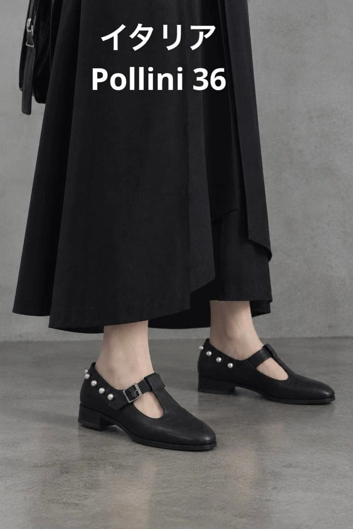 新品箱入り イタリア製 Pollini パール装飾 黒レザー ローファー 36