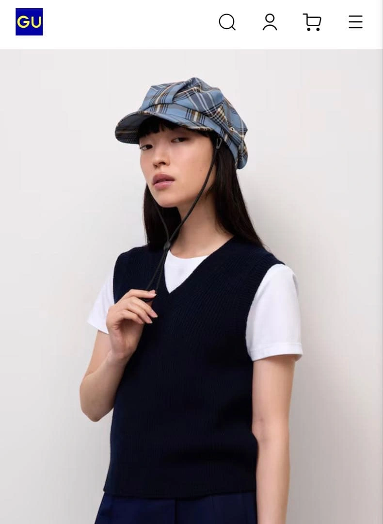 【新品未使用自宅保管】GU ブルー チェック柄 キャスケット 帽子の写真2枚目