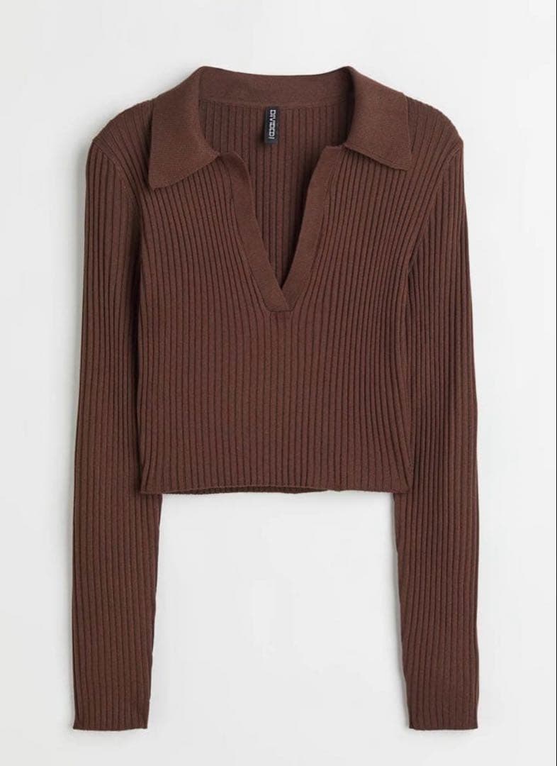 H&M リブ編みブラウンVネックシャツ　Mサイズ