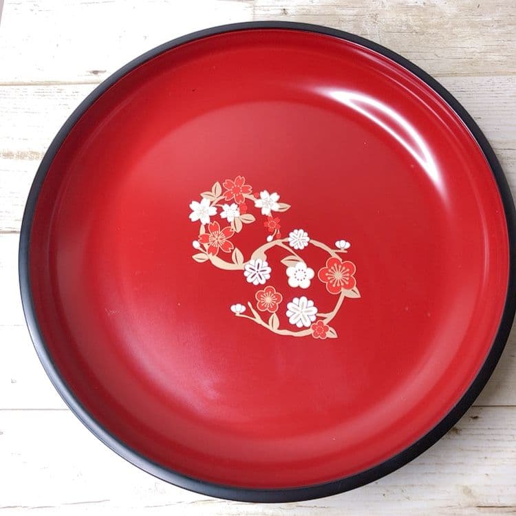 漆器 盆 丸盆 赤色 花柄 和食器の写真2枚目