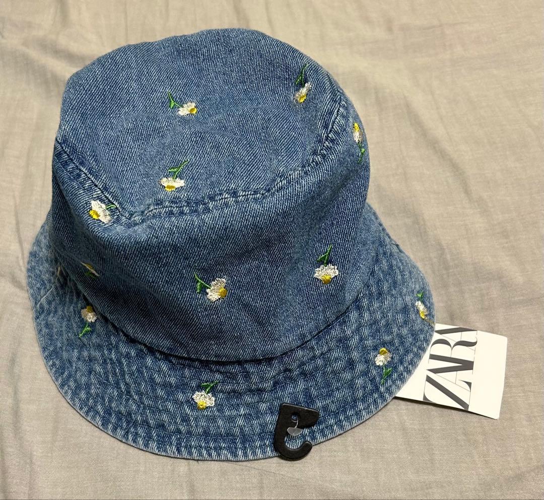 ZARA デニム バケットハット 花柄刺繍 56cm