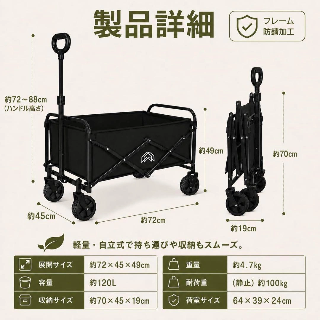 キャリーワゴン 容量120L 静耐荷重100kg 超軽量 自立収納 コンパクトの写真2枚目