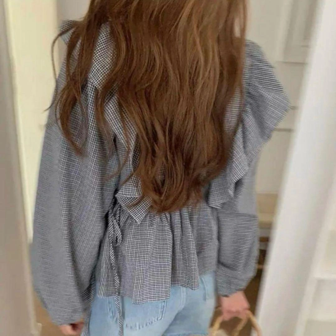 ギンガムチェック フリル付き長袖ブラウス ボリューム袖 カシュクール フェミニンの写真4枚目
