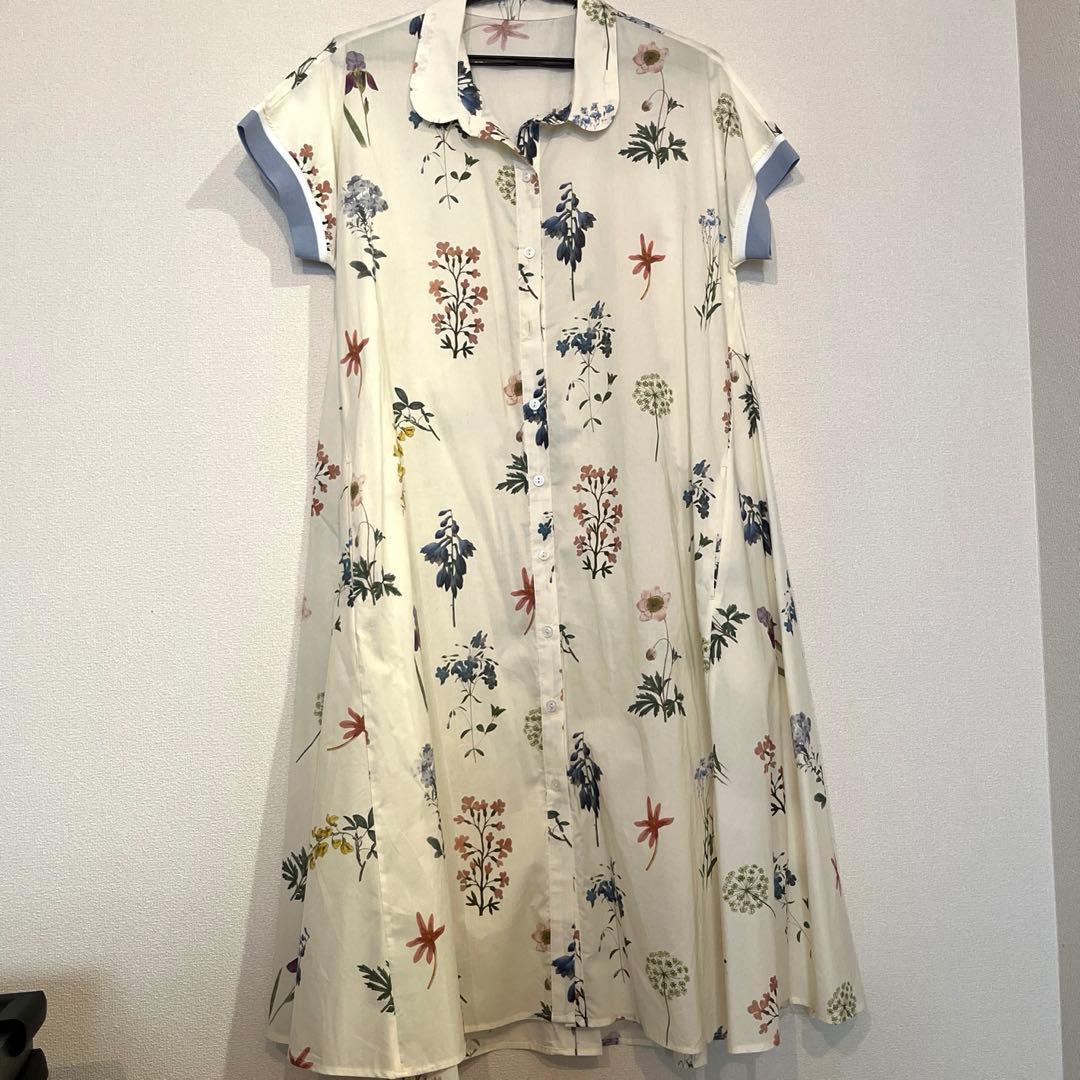 【美品】ボタニカル柄 半袖シャツワンピース