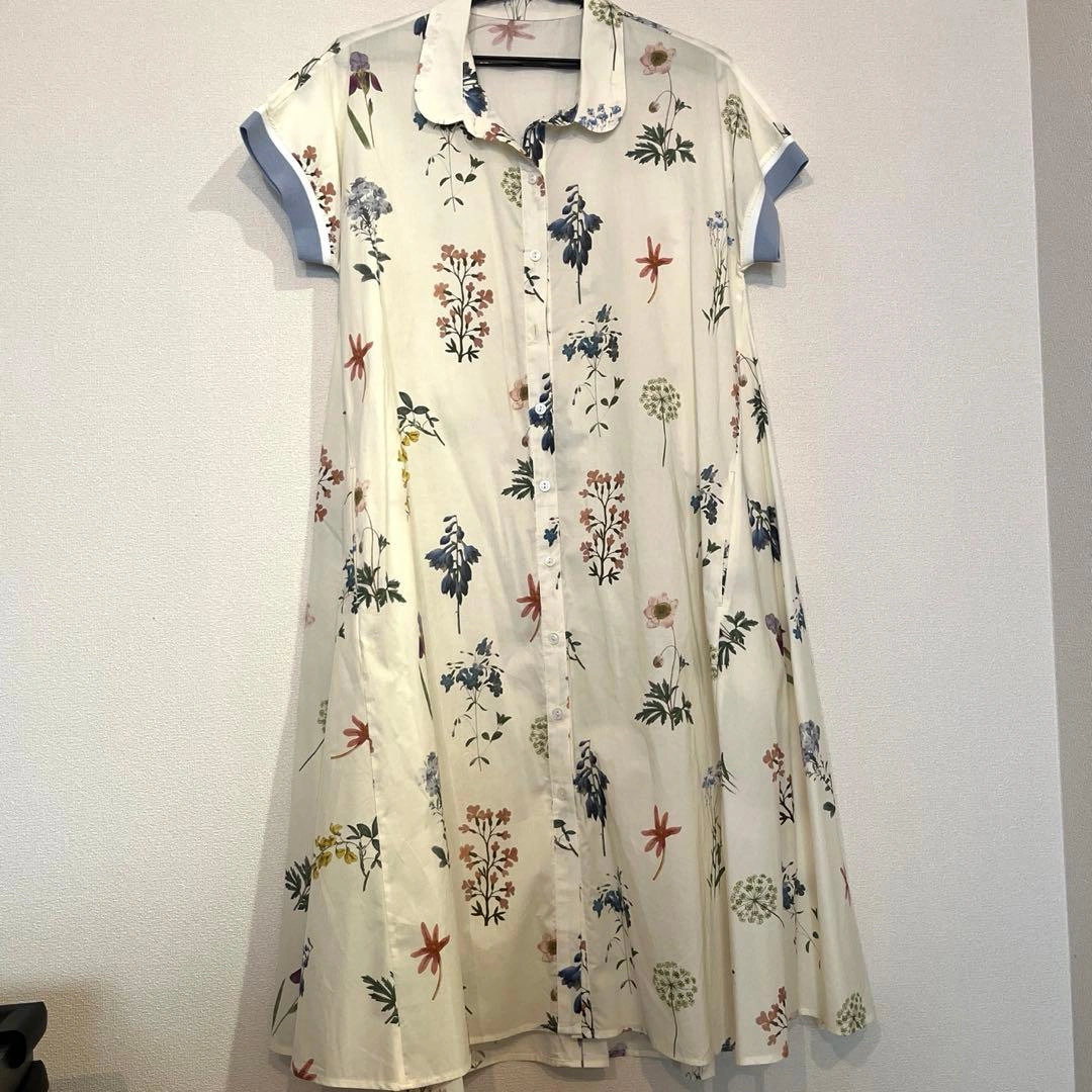 【美品】ボタニカル柄 半袖シャツワンピース