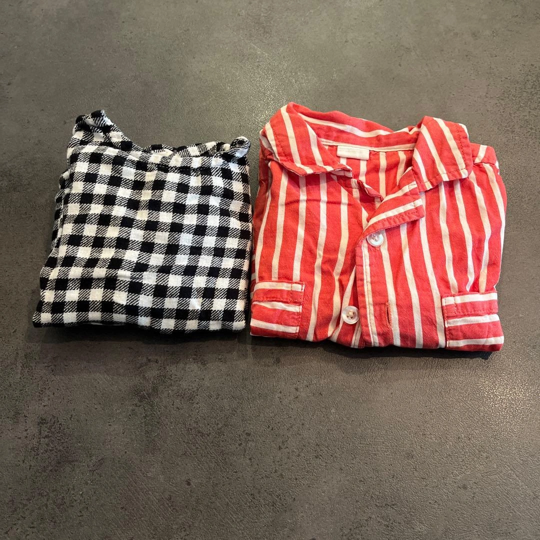 ストライプシャツ チェックシャツ 90 半袖 ベビー服 2枚セット