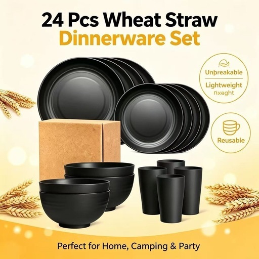 新品｜マットブラック 麦わら食器セット｜プレート・ボウル・カップの写真2枚目
