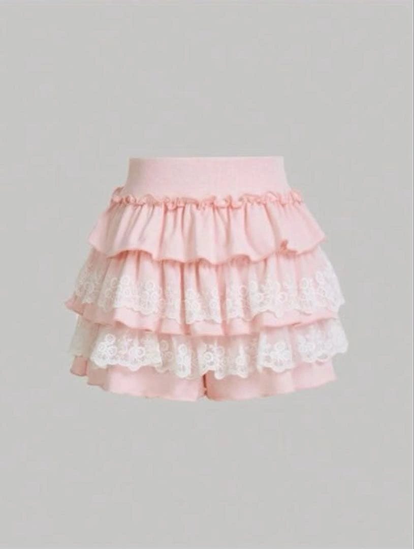 SHEIN ピンク レース フリル フレアスカート