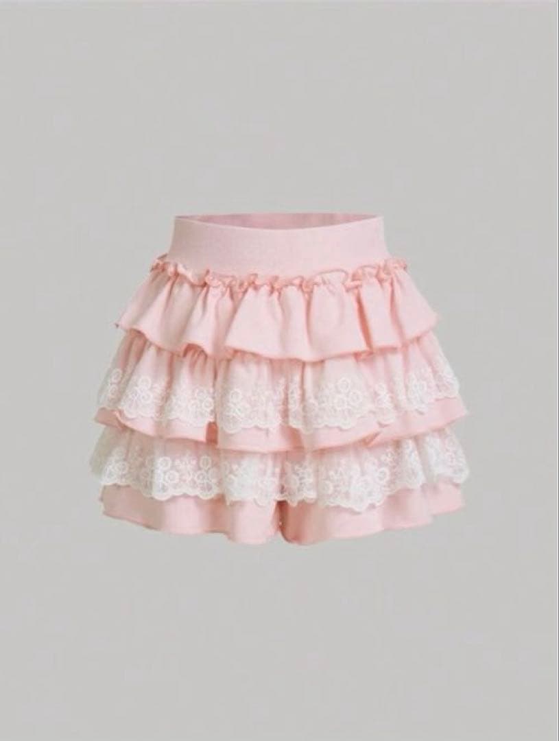 SHEIN ピンク レース フリル フレアスカートの写真2枚目