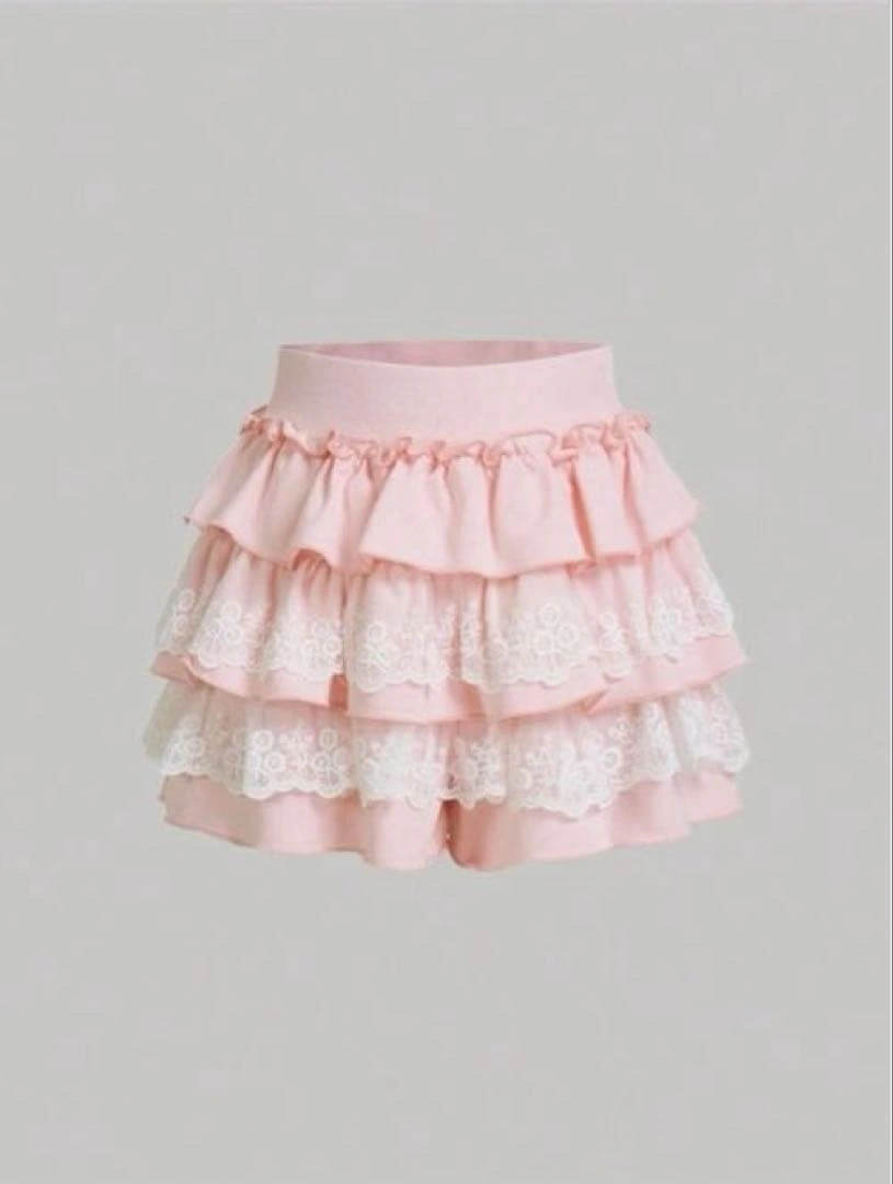 SHEIN ピンク レース フリル フレアスカートの写真2枚目