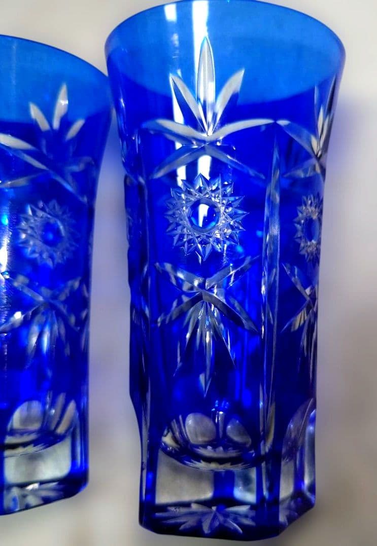 切子グラス 切子ビールグラス クリスタルカット アンティーク 　青 2個セットの写真3枚目